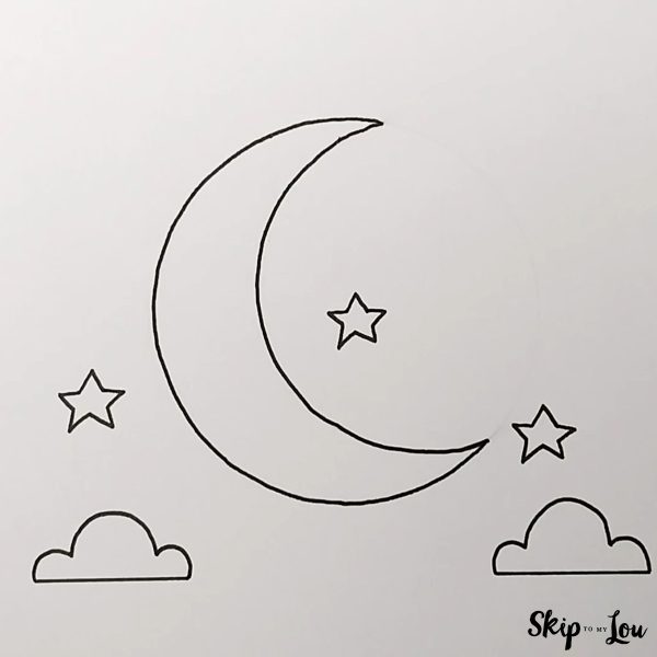 black and white drawing of a crescent moon, three stars and 2 clouds