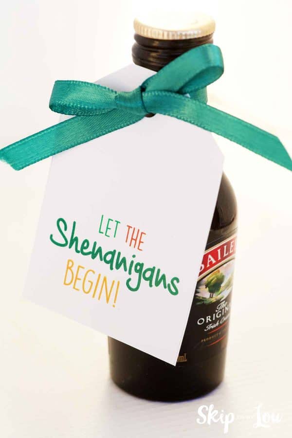 let the shenanigans begin gift tag on a bottle of Irish cream 