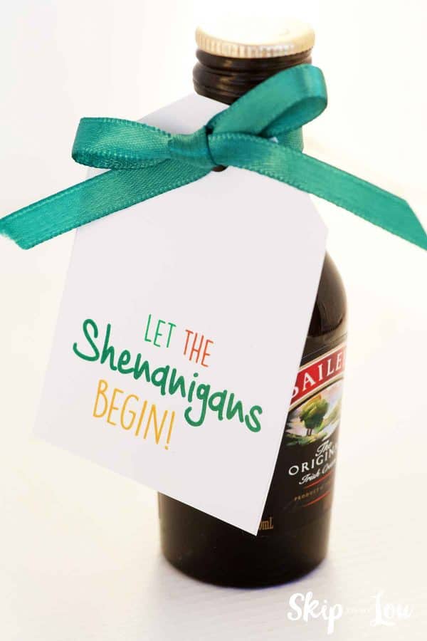 let the shenanigans begin gift tag on a bottle of Irish cream