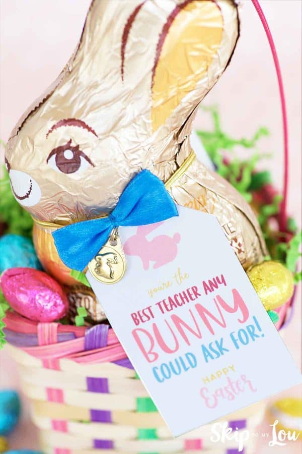 chocolate bunny in easter basket with cute tag that says youre the best teacher any bunny could ask for