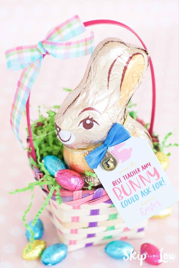 chocolate bunny in basket with gift tag for teacher gift for easter
