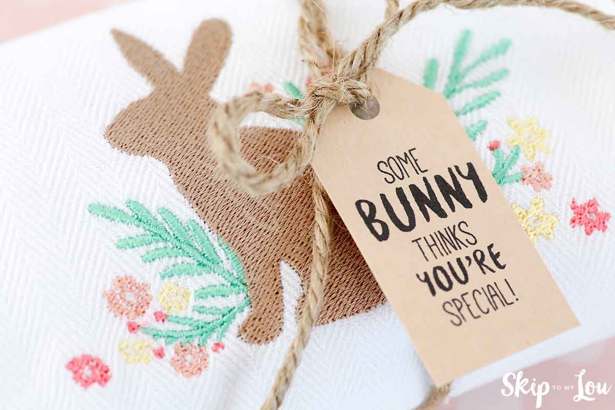 machine embroidered brown bunny with pastel flowers