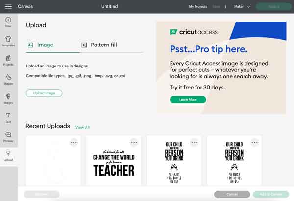 upload image button cricut design space