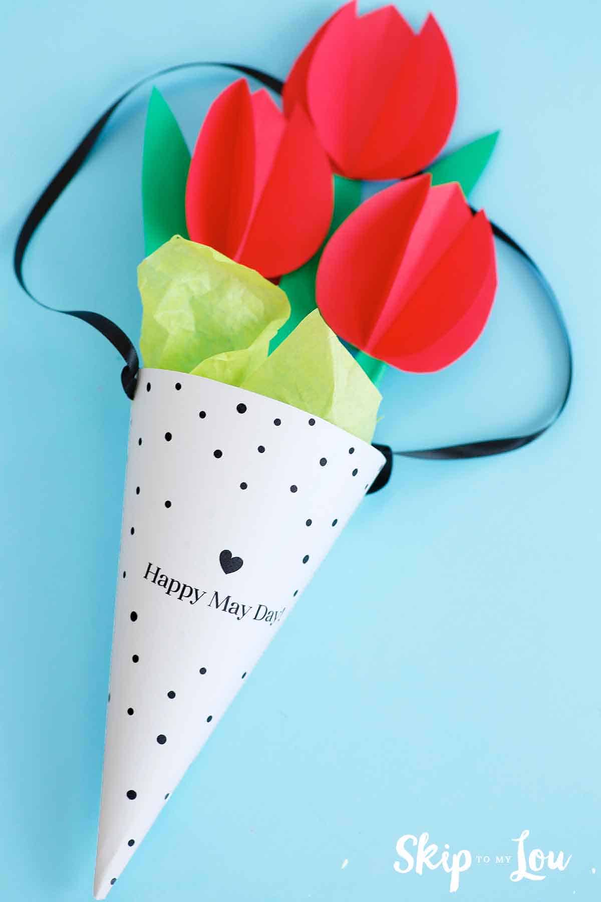 paper may day basket with red paper tulips