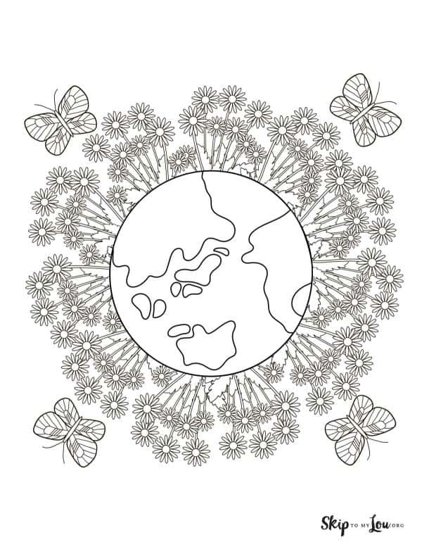 Earth with flowers and butterflies coloring sheet