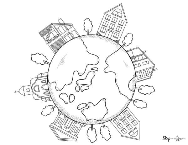 Earth with houses coloring page