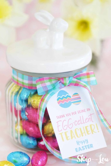 eggcellent teacher gift jar filled with chocolate eggs