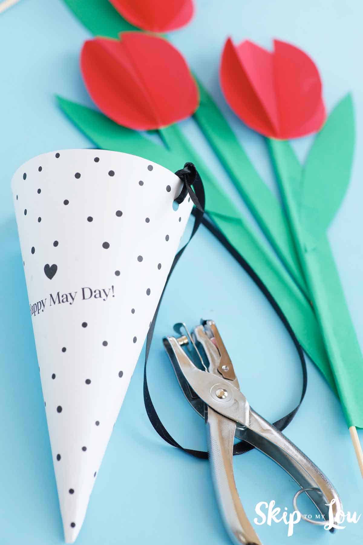 paper may day basket ribbon handle hole punch