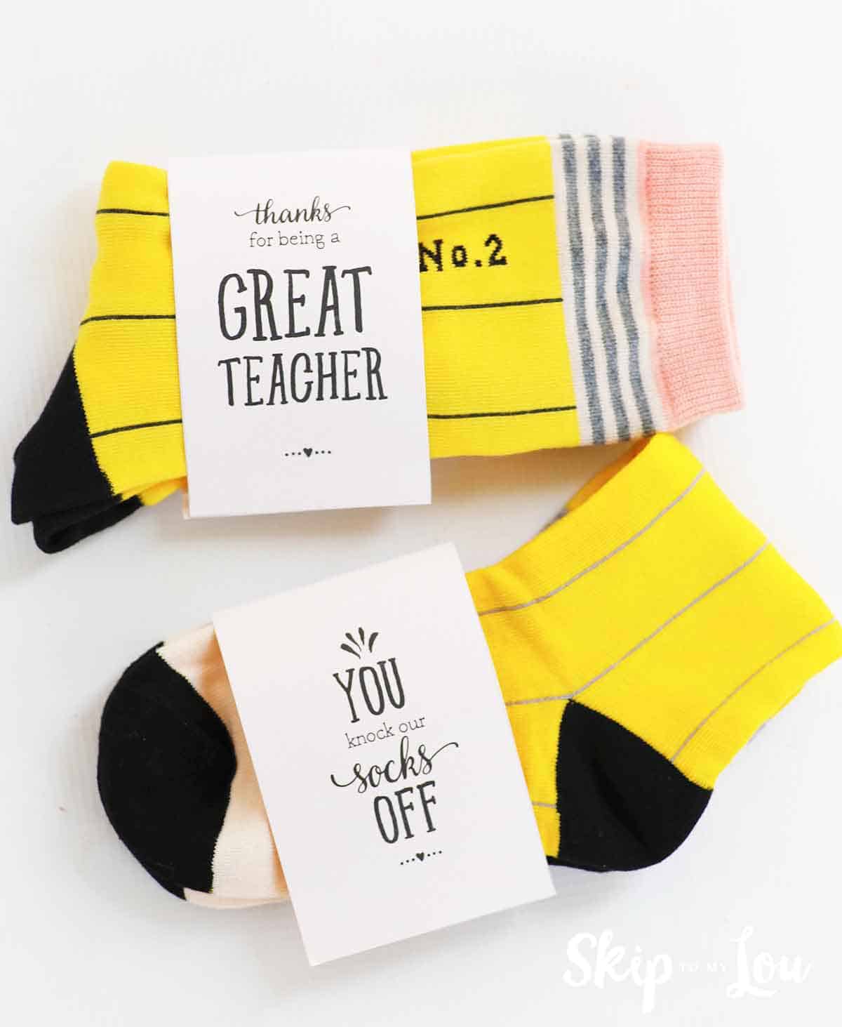 cute teacher gift socks with gift tag