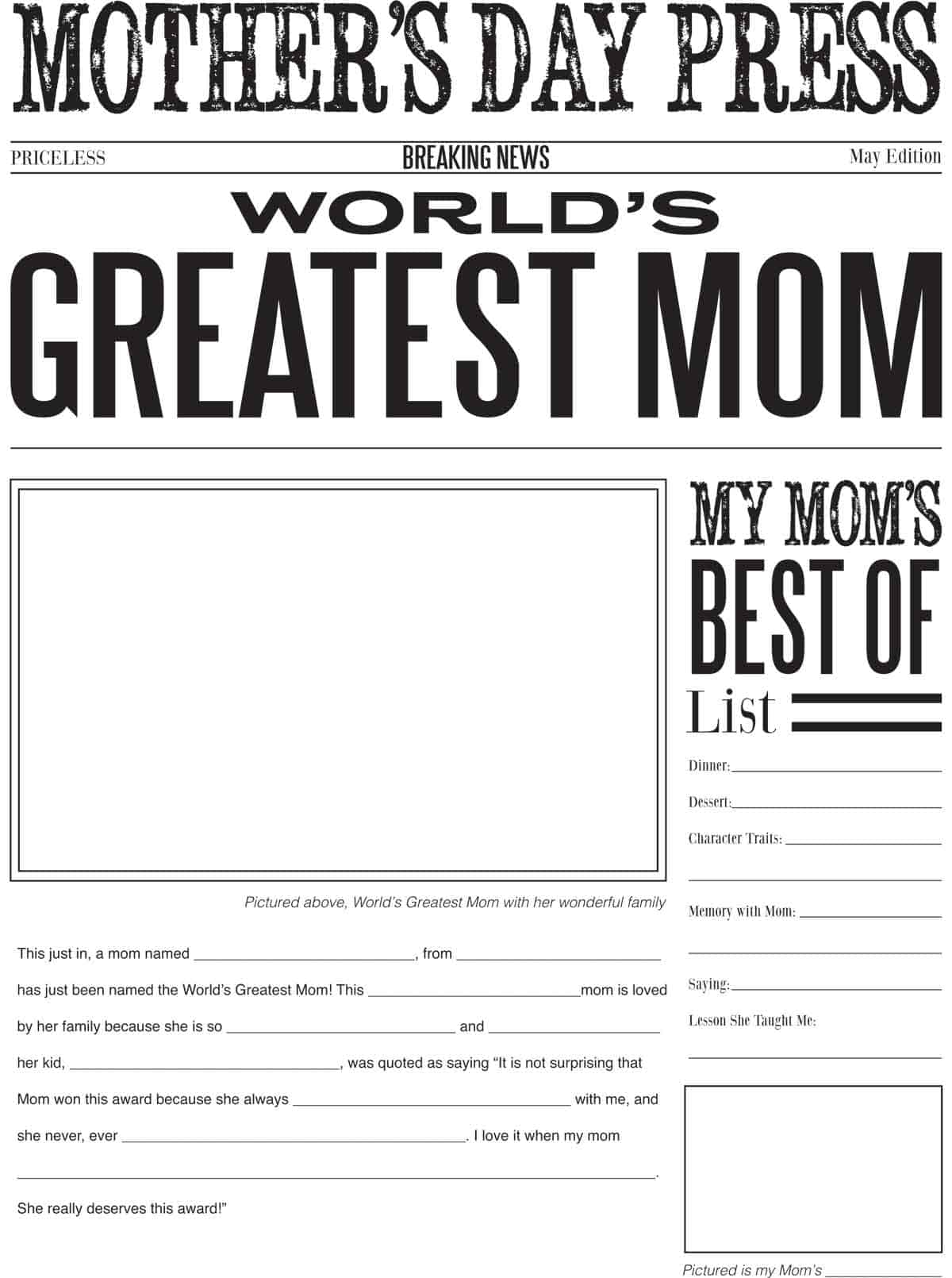 Mother's Day Press newspaper printable