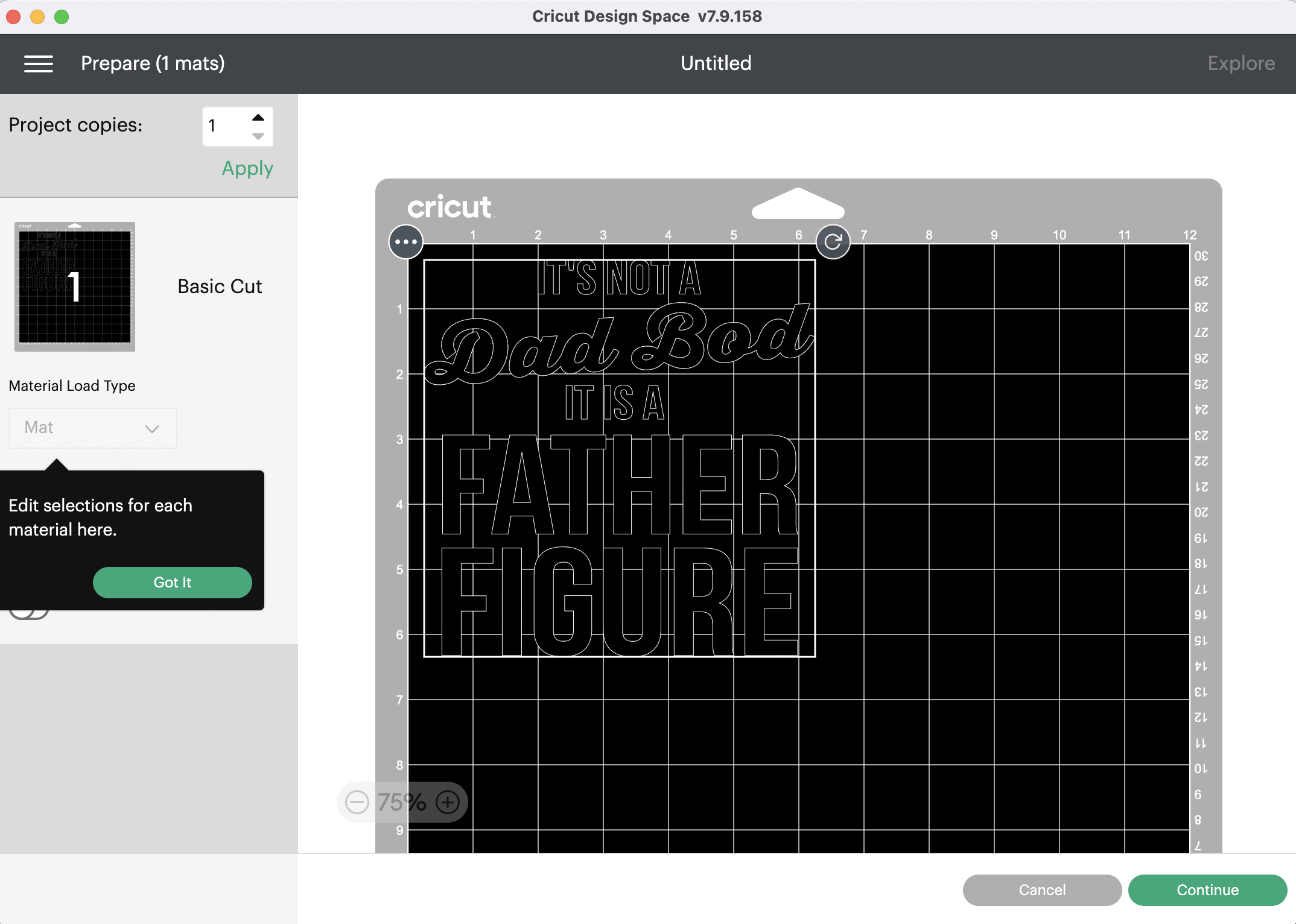 send dad svg to cut on cutting machine
