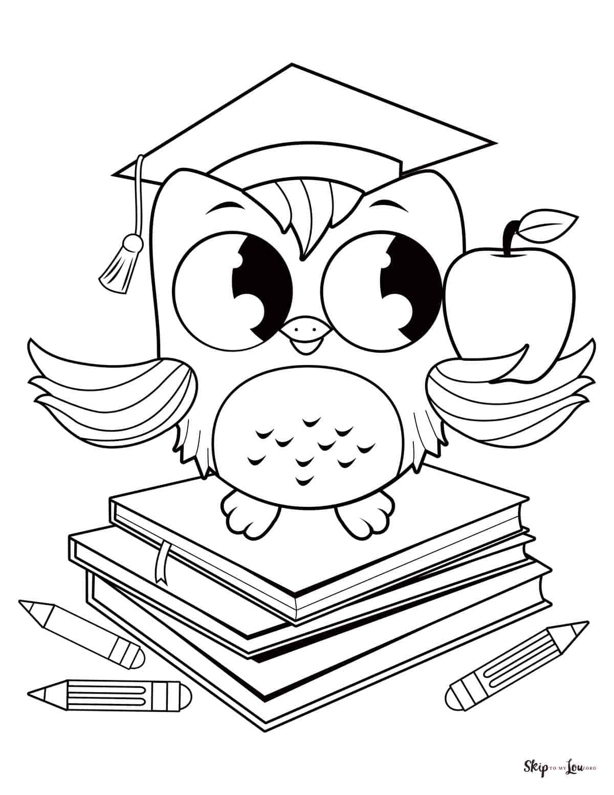 coloring graduation page owl on books holding an apple