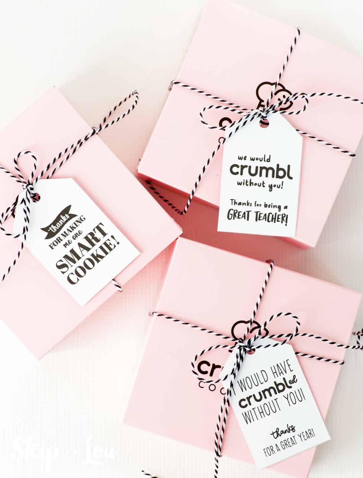 cookie package tags  on pink box
