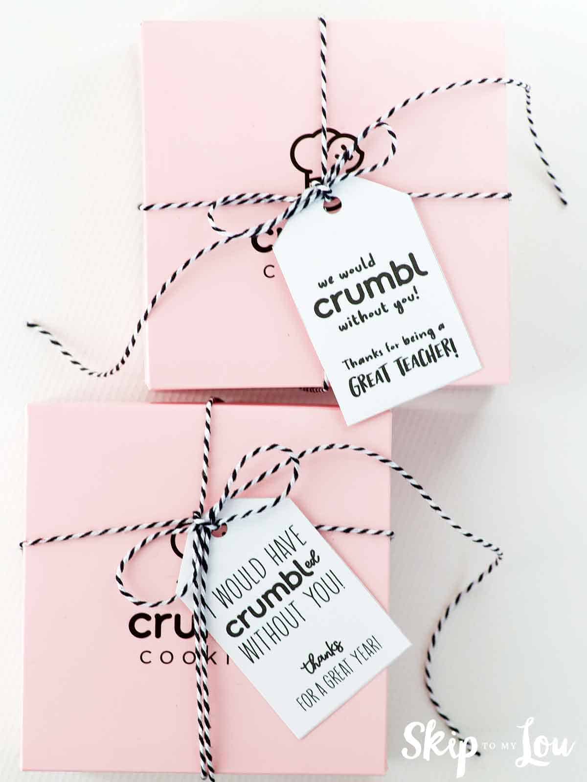 Cookie tags on pink box for teacher appreciation