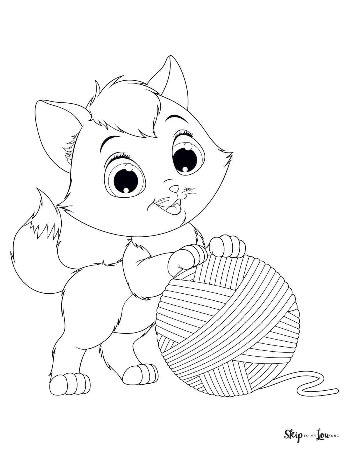 cute kitty with yarn coloring page