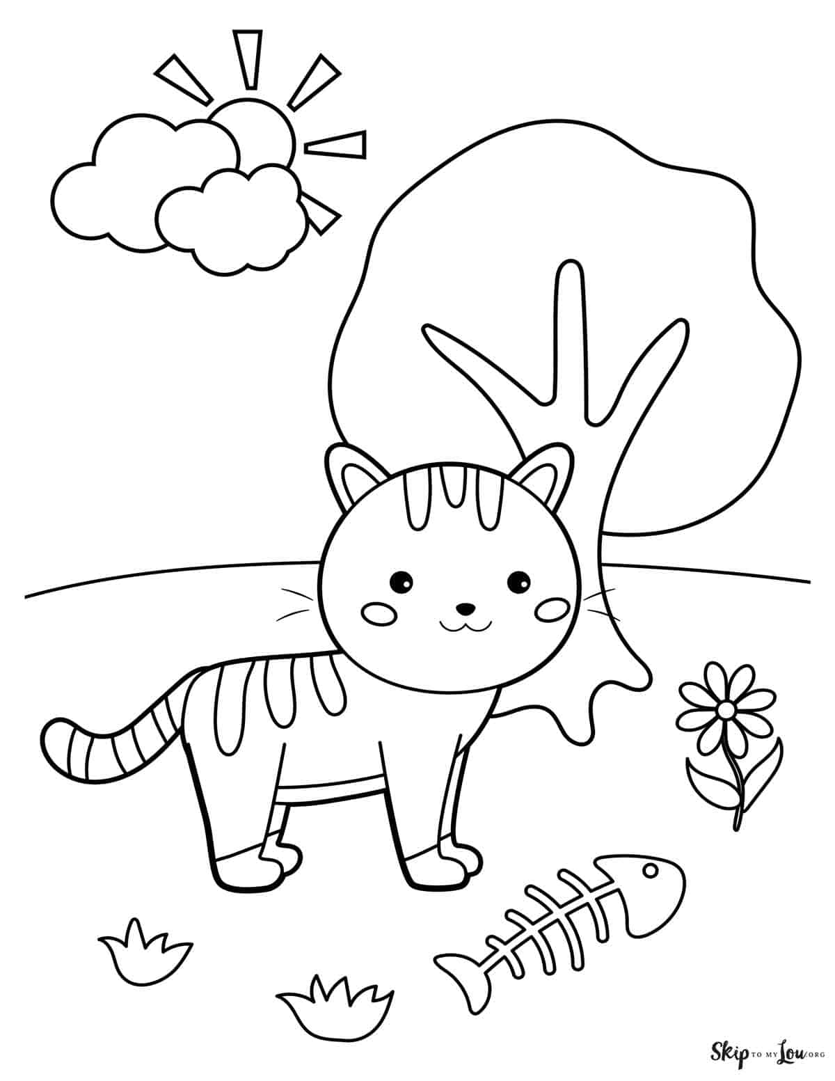 kitty after fish dinner coloring page