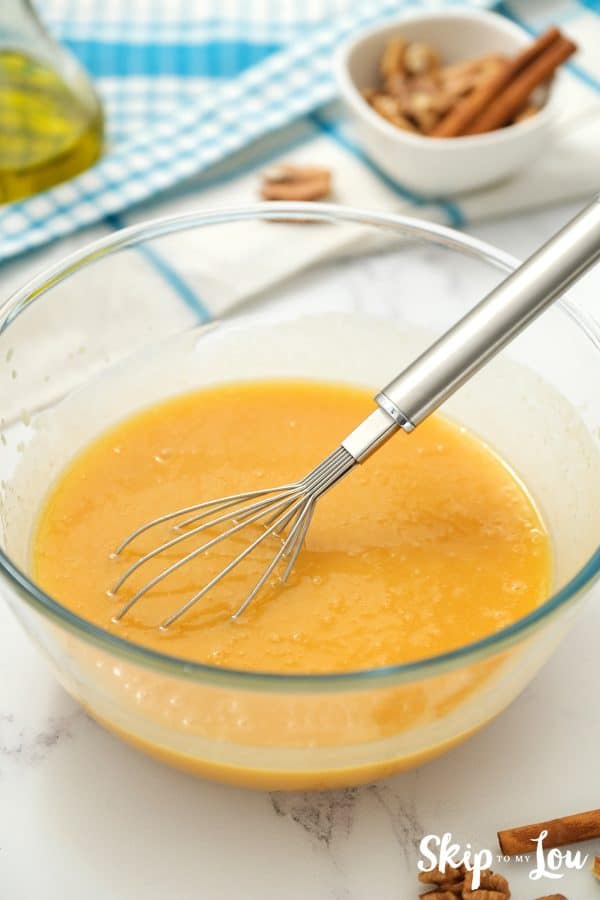 mix peach baby food, oil, and sugar