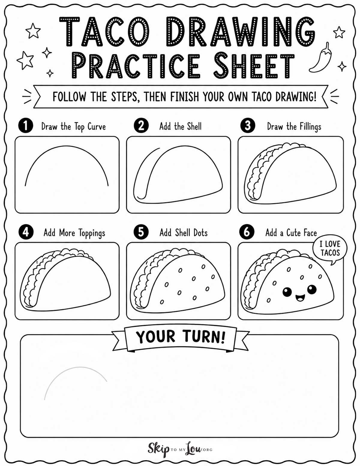 free printable taco drawing practice sheet