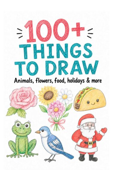 100+ things to draw with easy colored-pencil ideas including a rose, flowers, taco, frog, bird, and Santa