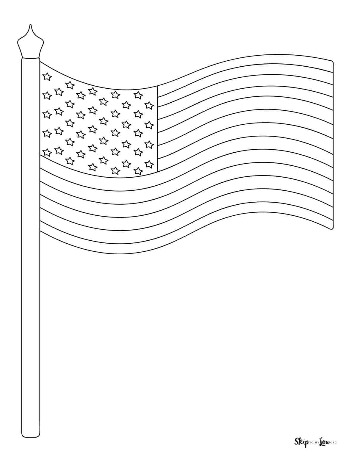 wind blown American flag on pole coloring page