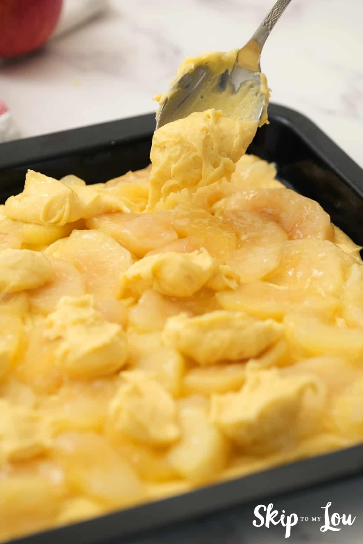 Drop the remaining batter evenly in dollops over pie filling.