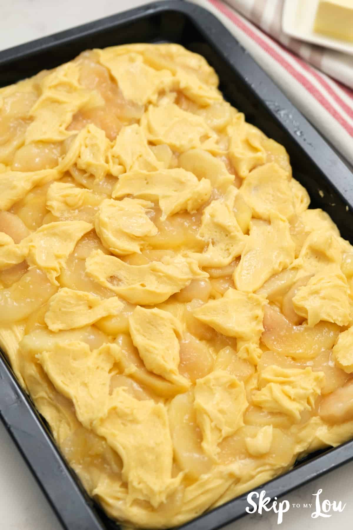Drop the remaining batter evenly in dollops over pie filling.