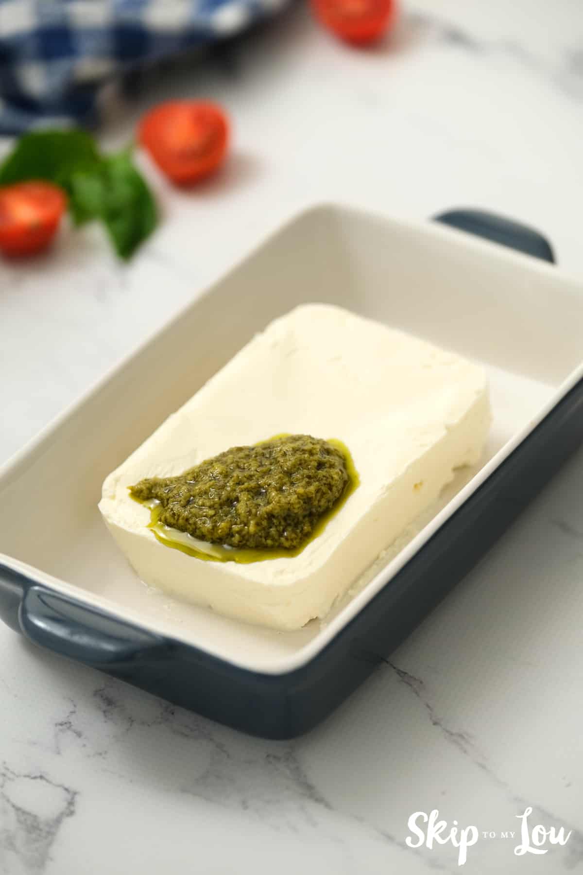 use a block of cream cheese and 1/4 jar of basil pesto