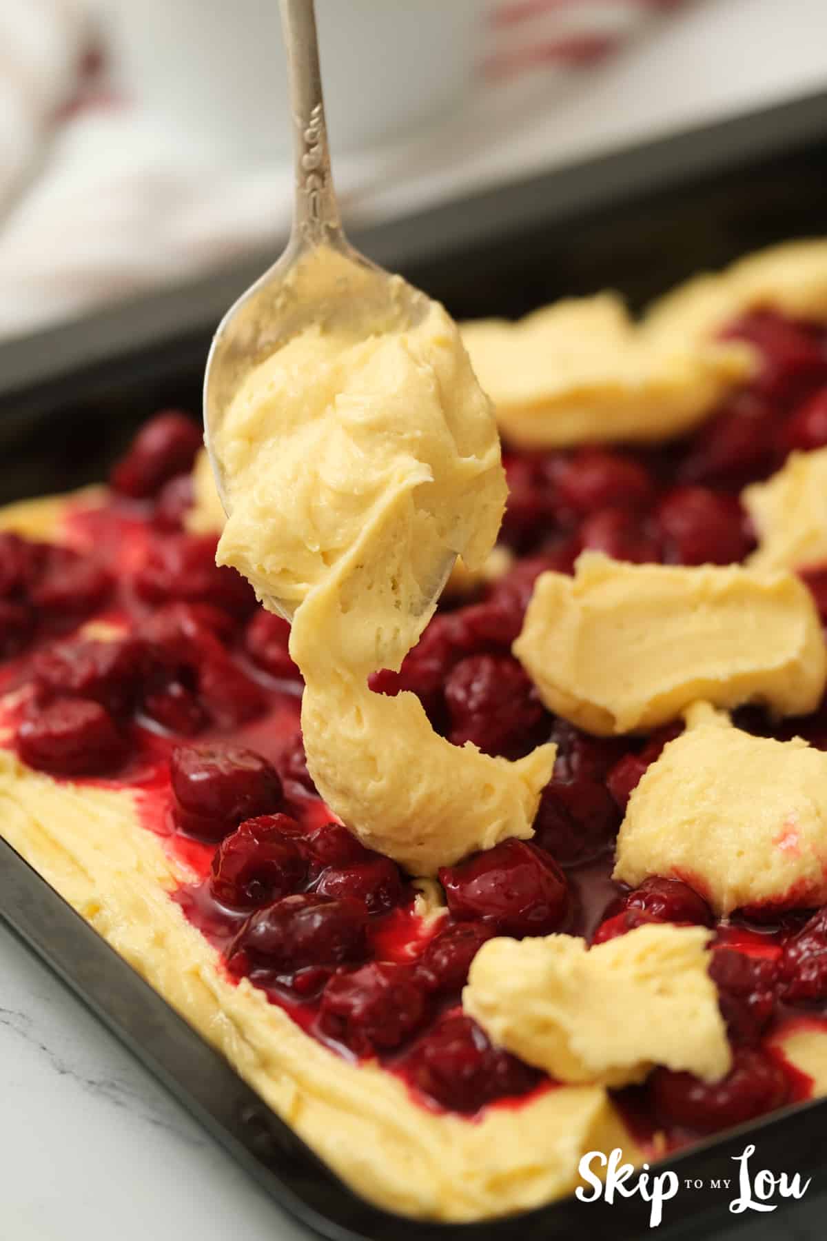 Drop the remaining batter evenly in dollops over pie filling.