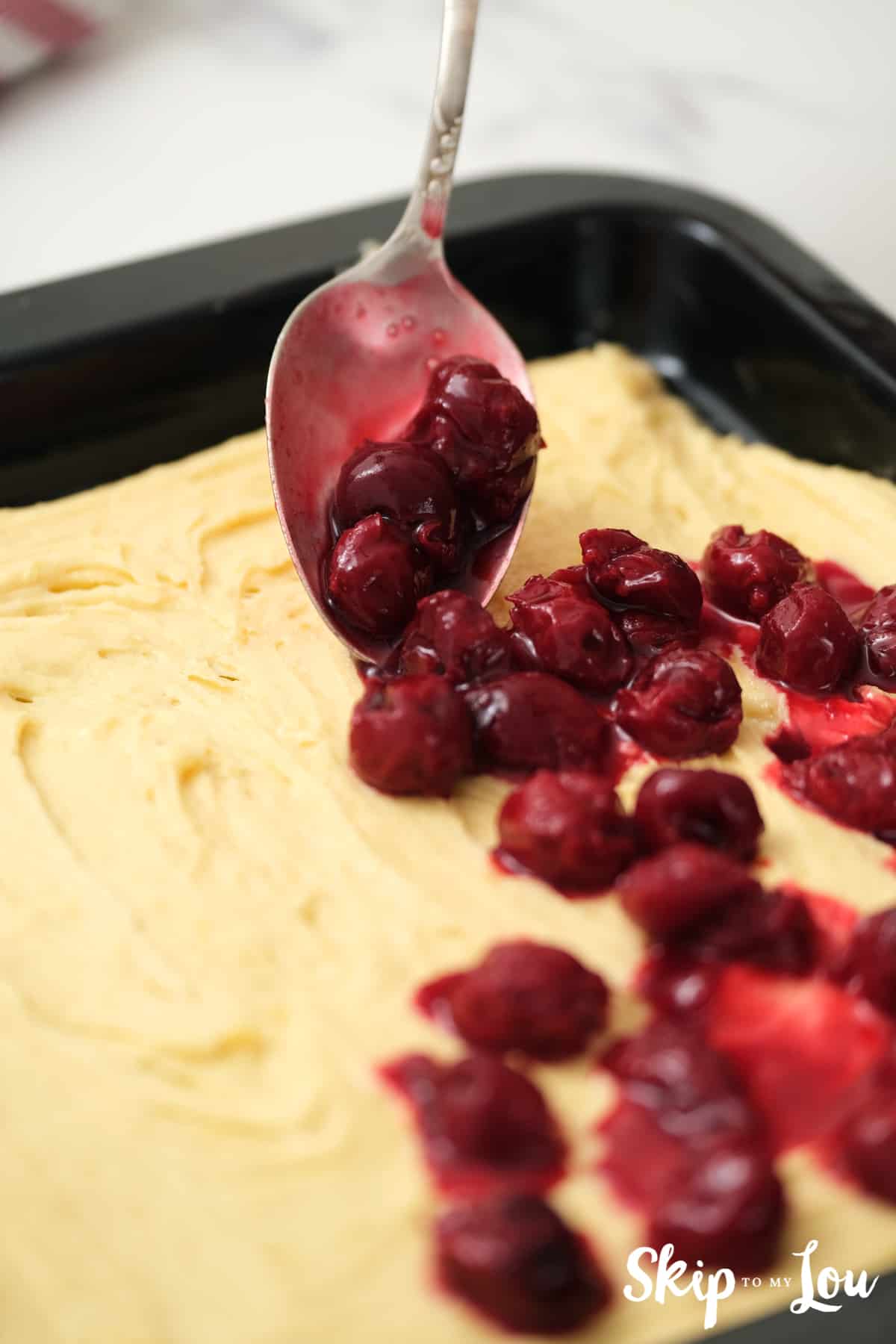 Spread 2/3 of the batter in the pan. Spread pie filling evenly over the batter.