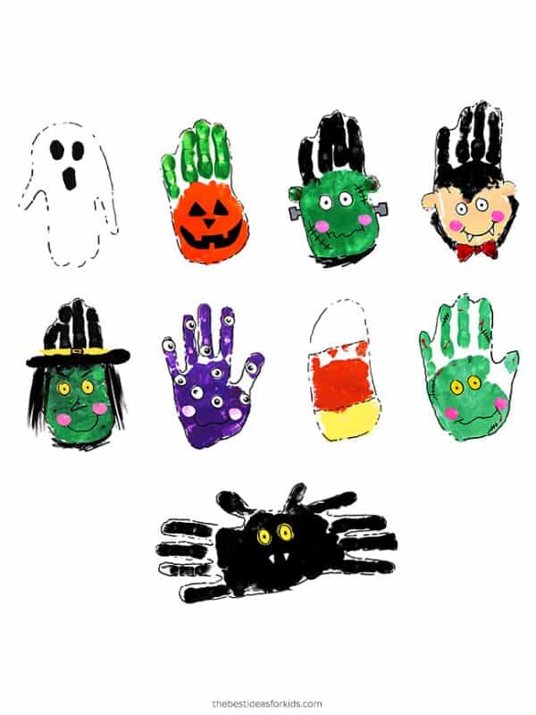 Halloween handprint crafts featuring a howing ghost, a smiling jack-o-lantern, a green Frankenstein, a smiling Dracula, a green witch, a purple people-eater, a candy corn, a green goblin and a black bat.