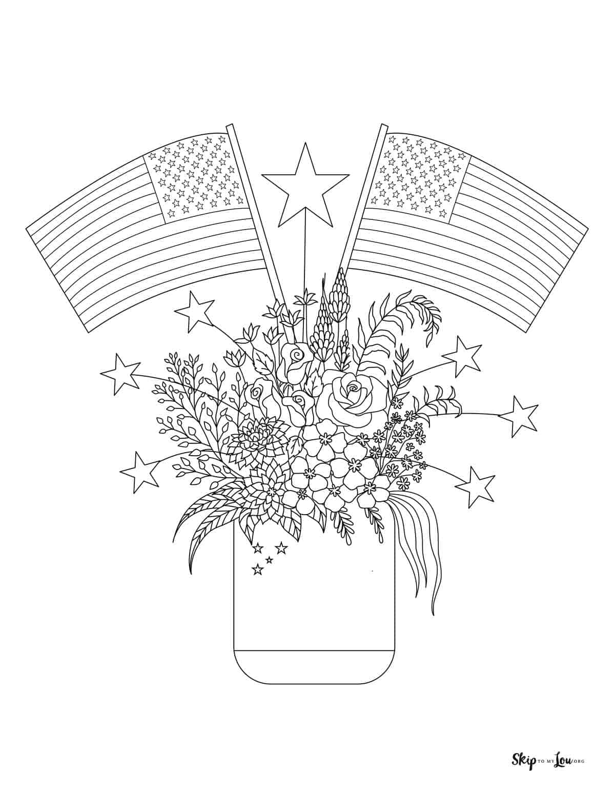 American flags in flower vase coloring page