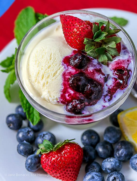 vanilla ice cream with blueberry sauce