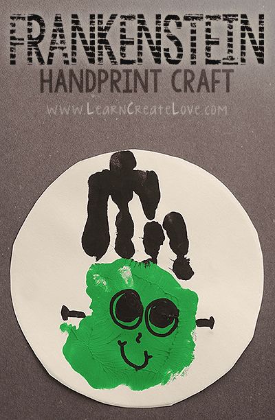 This Halloween handprint Frankenstein has a green face and black hair with big eyes and a smile.