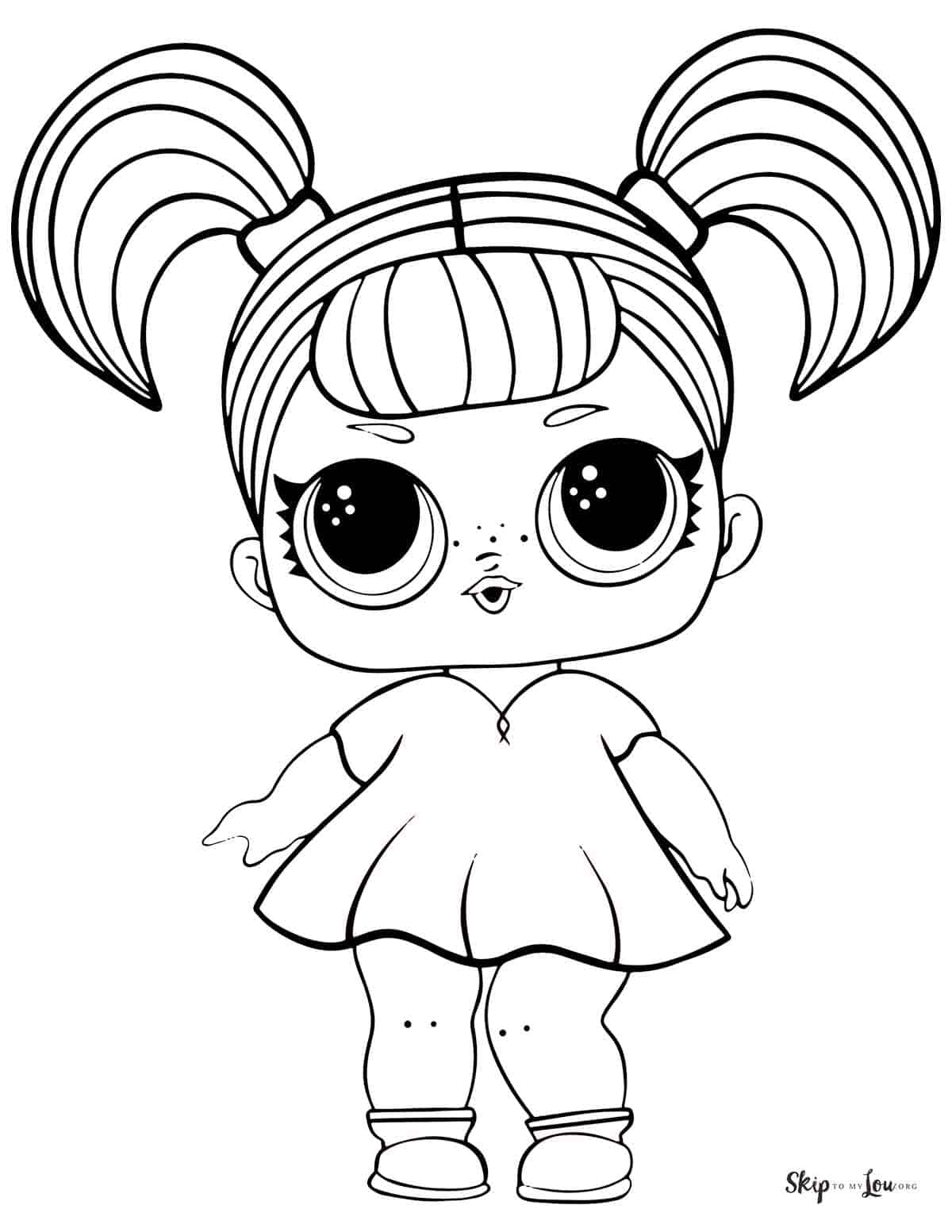 LOL doll coloring pages featuring Glamstronaut with two high side ppony tails.