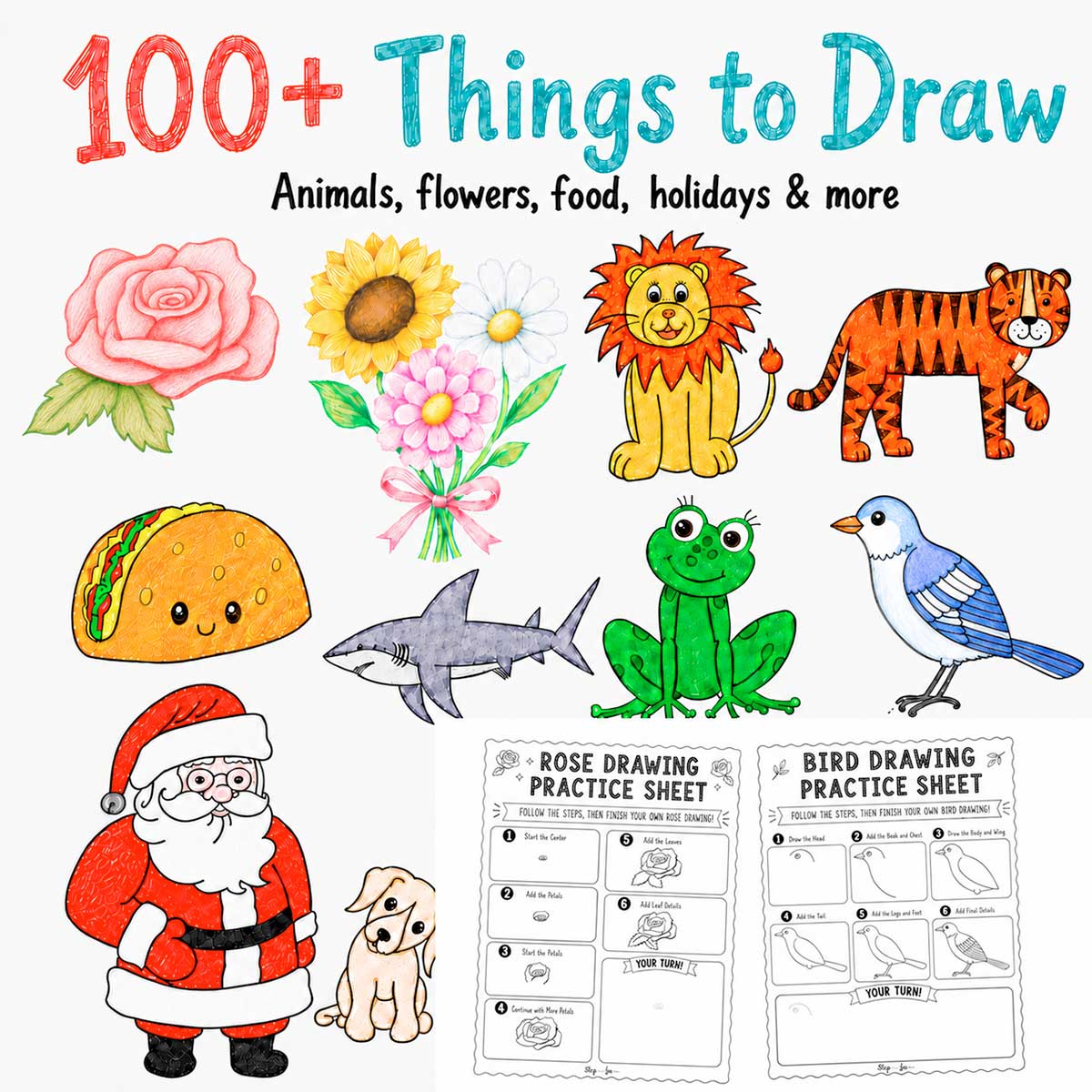 100+ things to draw for kids, including animals, flowers, food, holiday drawings, and printable practice sheets