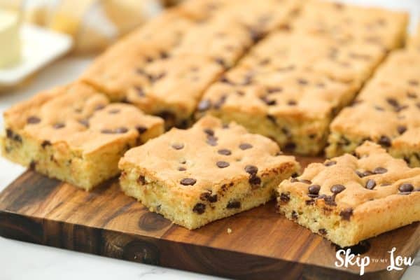 Cake mix chocolate chip cookie bars served.