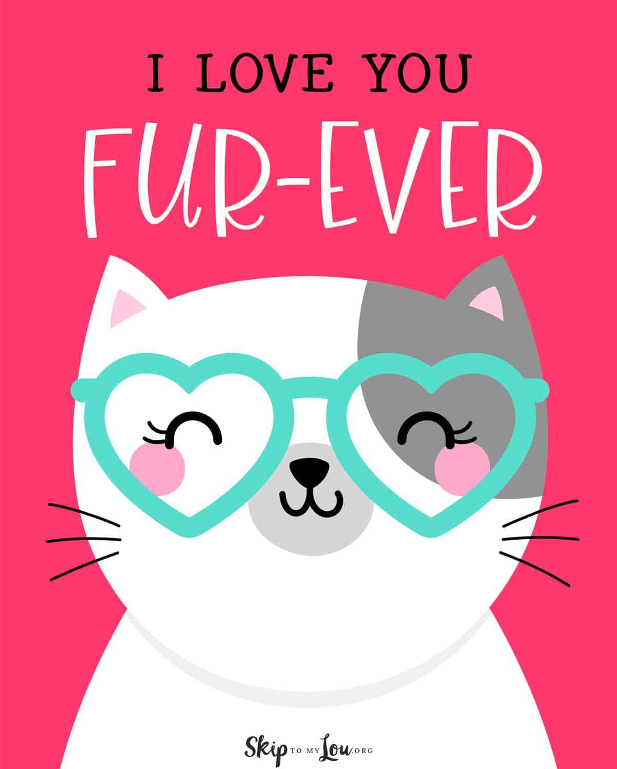 cute cat with teal heart shaped sunglasses pet pun I love you fur-ever