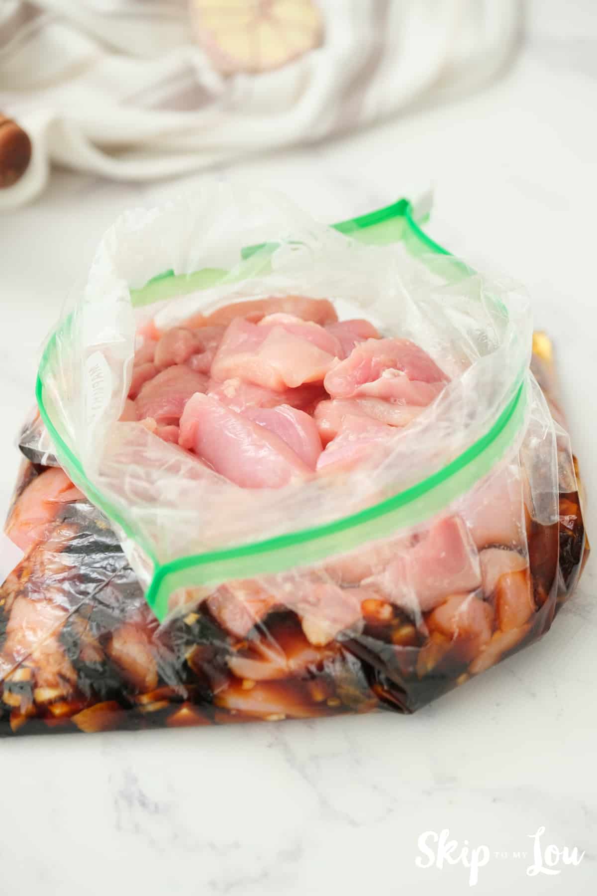 All the ingredients for the Honey Chicken dumped into a freezer safe bag.
