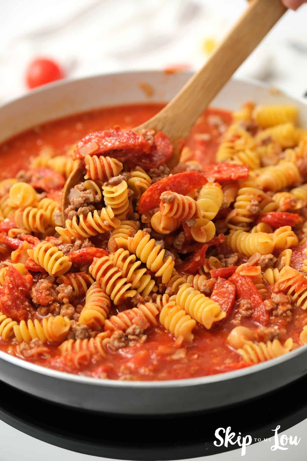 stirred in pasta, sauce and pepperoni