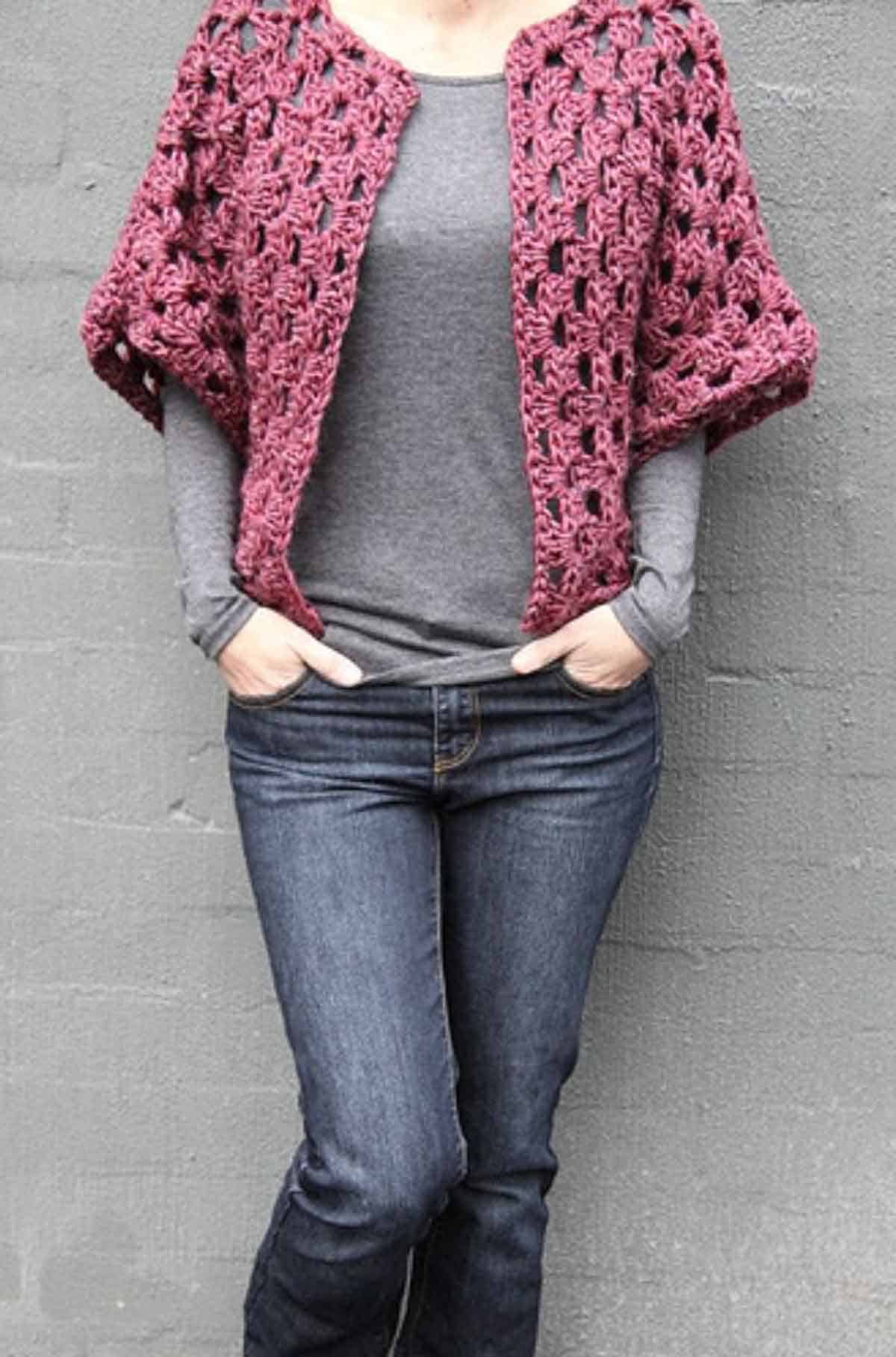 dusty rose granny square shrug