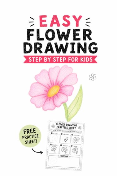 Easy flower drawing tutorial for kids with a pink colored-pencil flower and free practice sheet preview