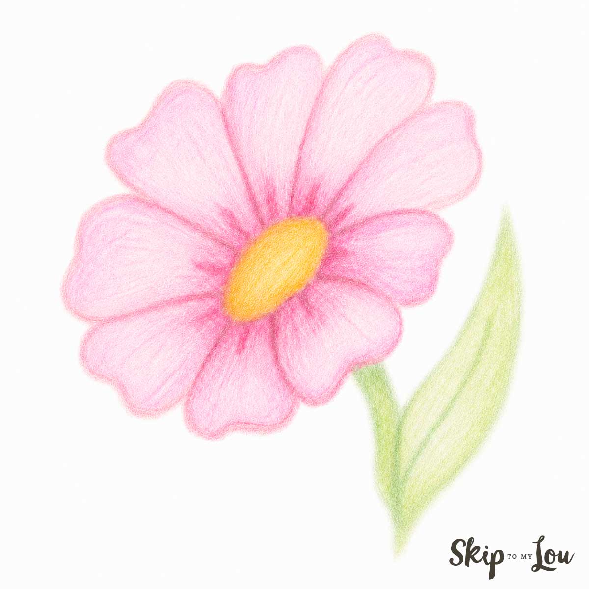 Finished pink flower drawing colored by hand with colored pencils