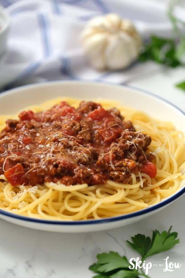 Instant Pot Spaghetti Sauce served in a white bowl
