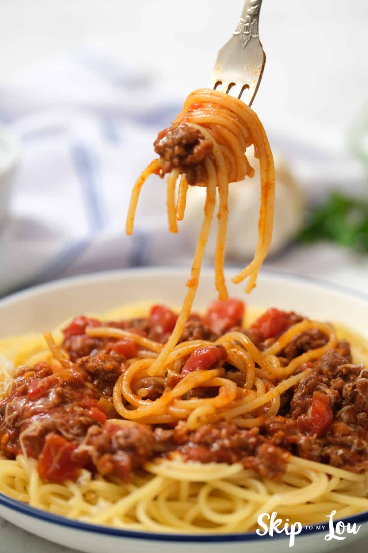 Yummy Instant Pot Spaghetti served and rolled around a fork