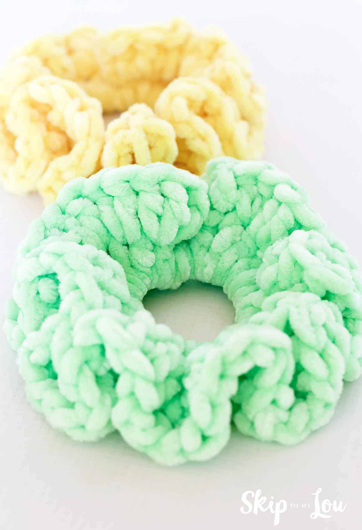 pale yellow and pale green crochet scrunchie