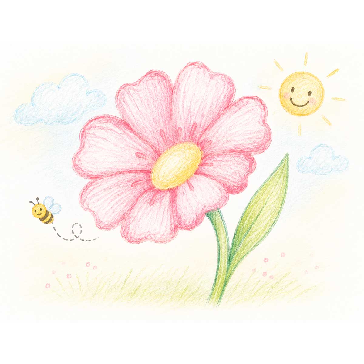 Easy flower drawing with a butterfly, bee, smiling sun, and fluffy clouds