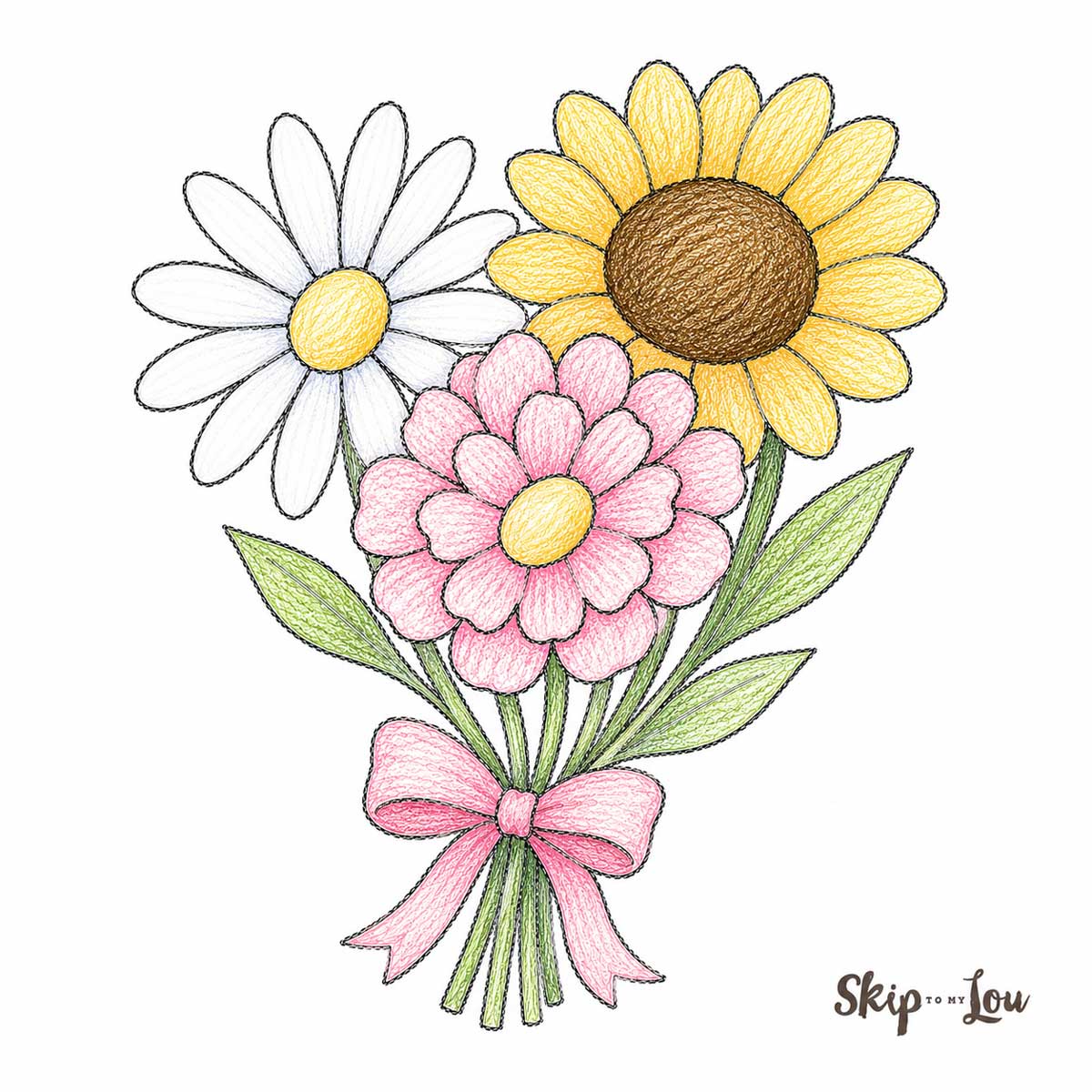 Hand-drawn flower bouquet with a daisy, sunflower, and pink flower tied with a ribbon