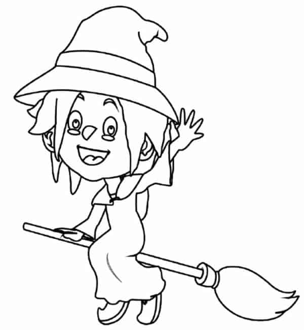black and white drawing of a young smiling witch riding on a broomstick, waving her left hand