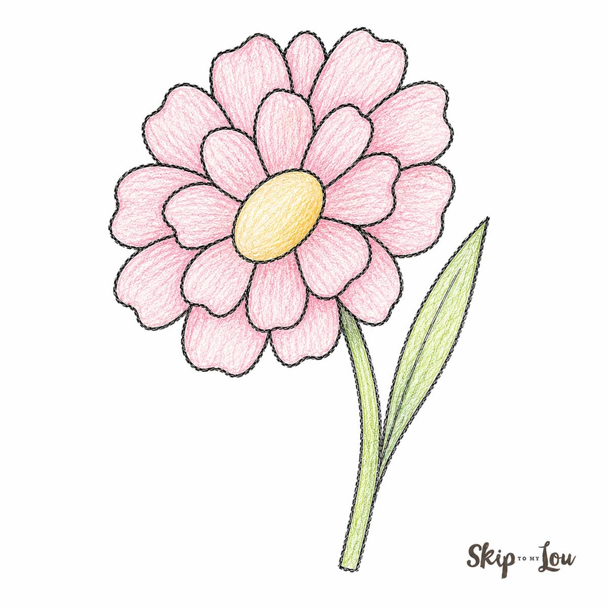 Layered pink flower drawing with multiple rows of petals colored with colored pencils