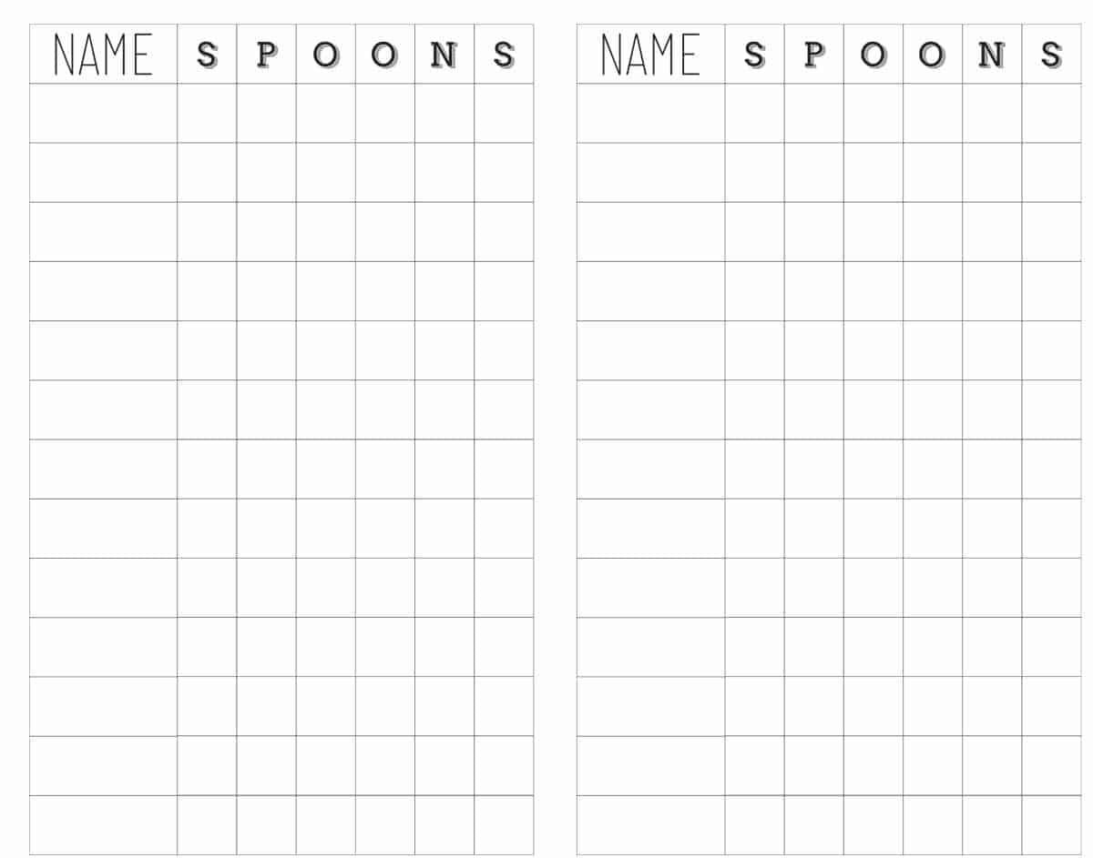 Printable Score Cards for Spoons Card Game